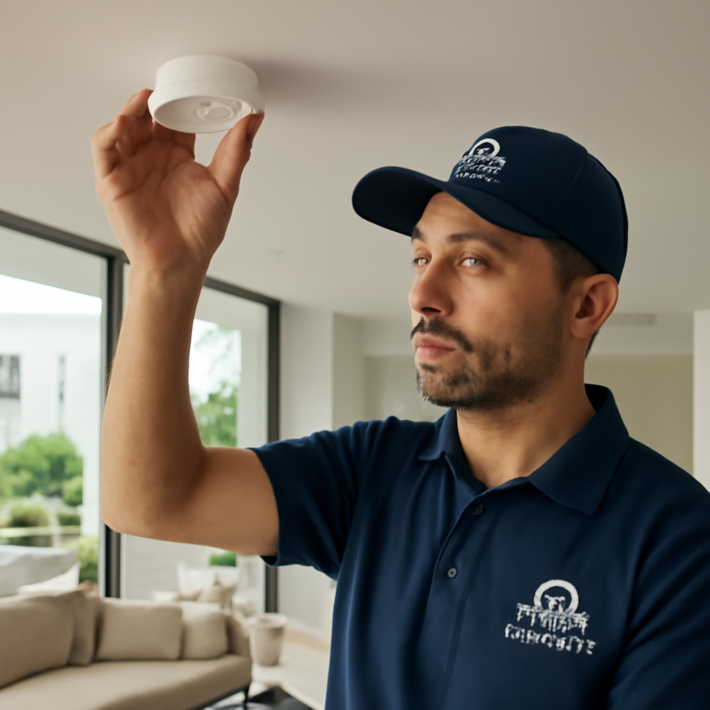A certified smart home installer adjusting a ceiling‑mounted Zigbee hub in a modern Dubai villa interior. Alt: Professional smart home installation in Dubai
