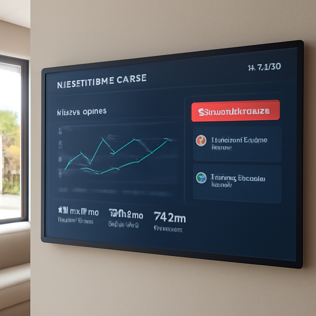 A sleek smart home dashboard on a wall screen, showing energy usage graphs and security alerts. Alt: Smart home energy monitoring interface in Dubai villa.