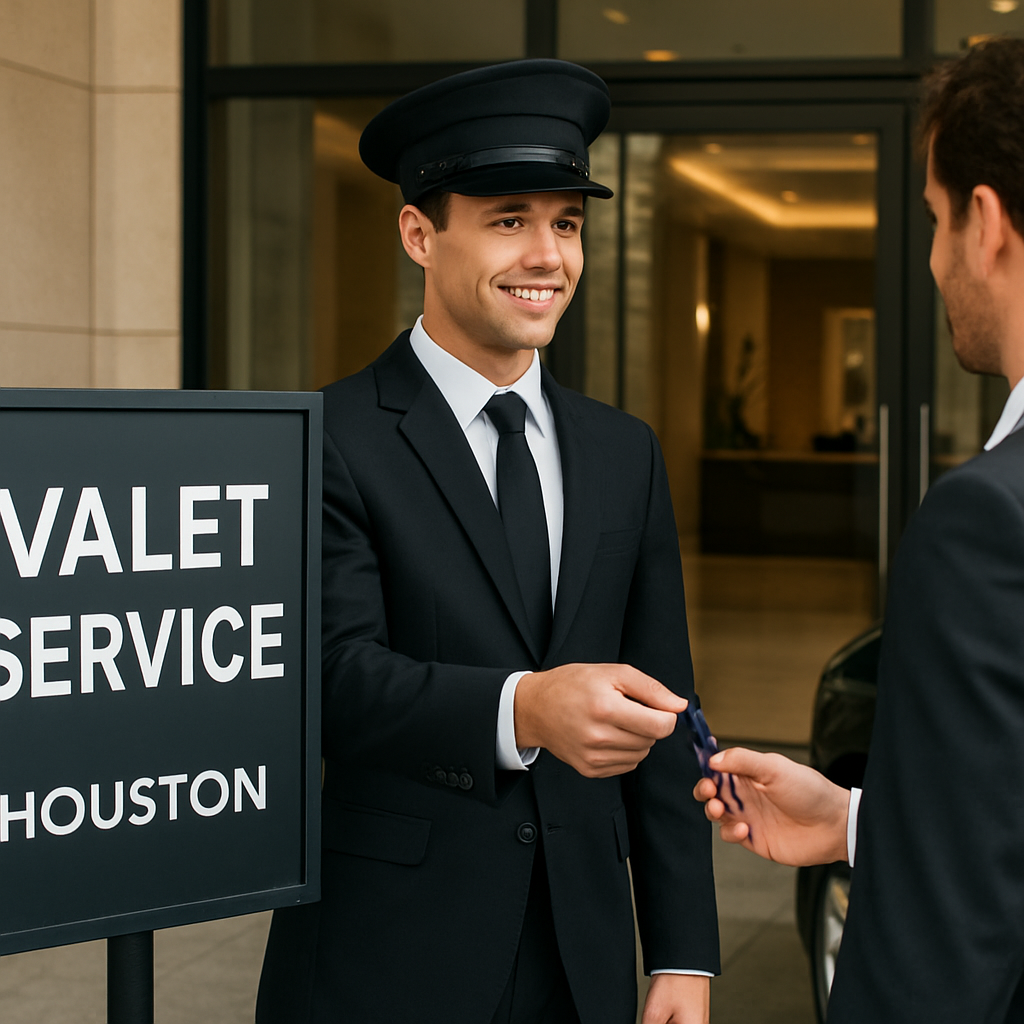 A photorealistic image showing a valet attendant in a crisp uniform handing a car key to a guest at a upscale Houston hotel entrance, with a clear signage indicating “Valet Service” and a sleek modern lobby visible in the background. Alt: valet service Houston pricing breakdown illustration.