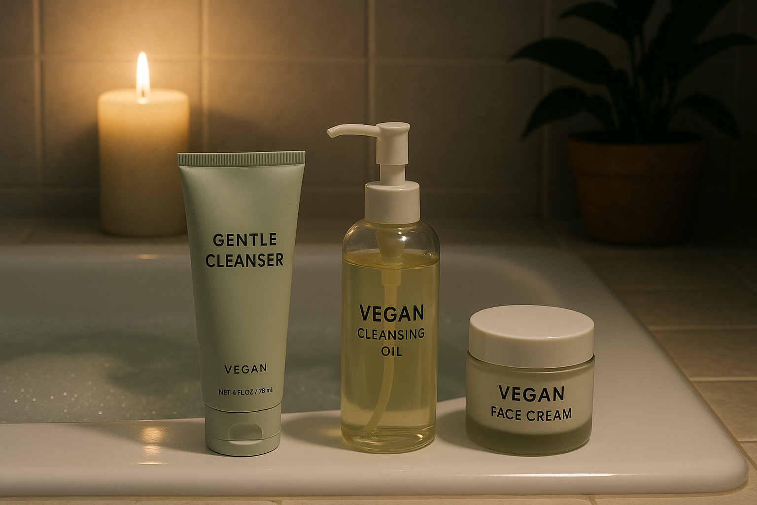 A serene bathroom scene with vegan skincare products displayed elegantly. Alt: Nighttime vegan skincare routine with gentle cleansers.