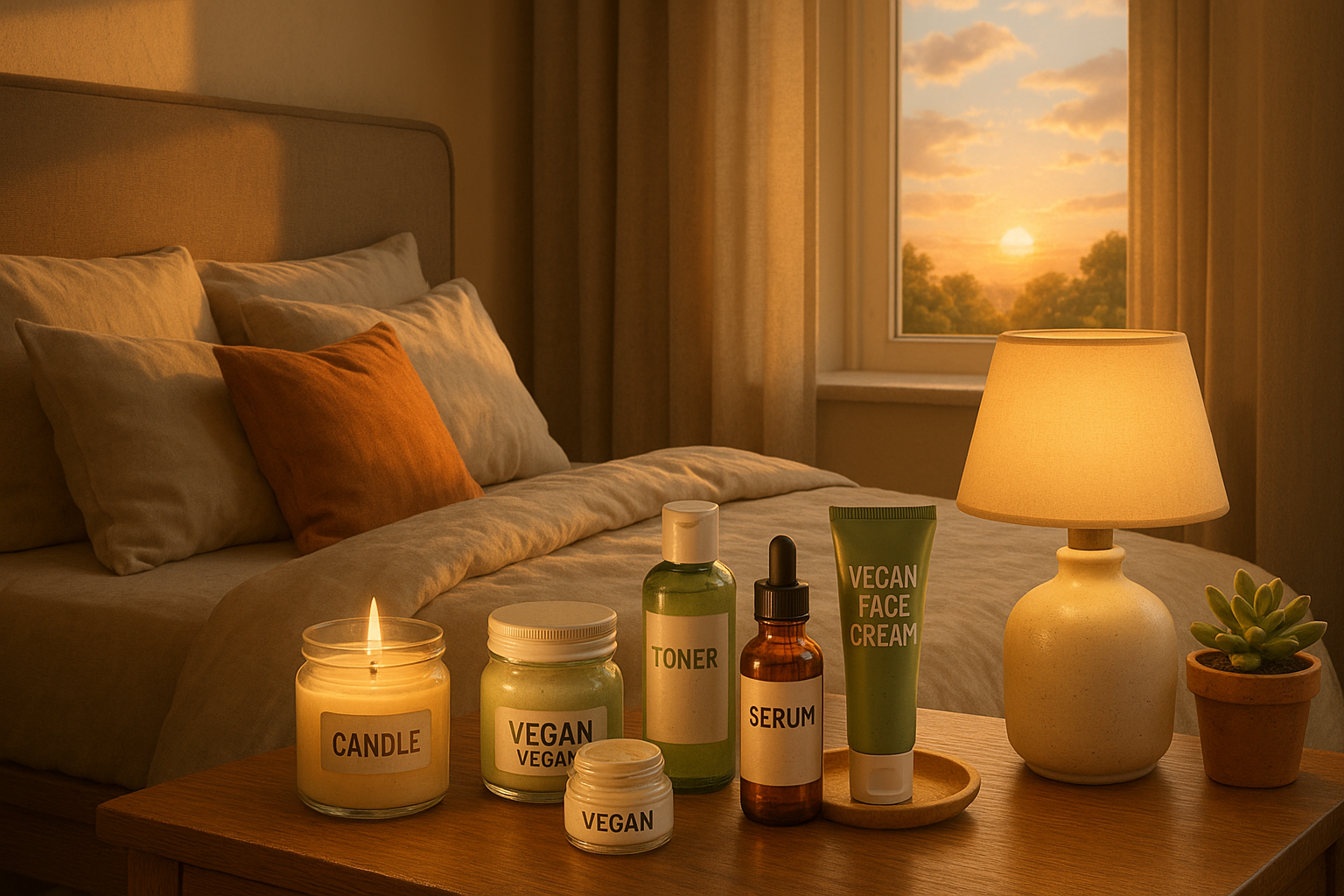 A utopian view of a cozy bedroom setup, with a visual representation of a complete vegan skincare routine on a bedside table. Alt: Cozy vegan skincare night routine essentials.