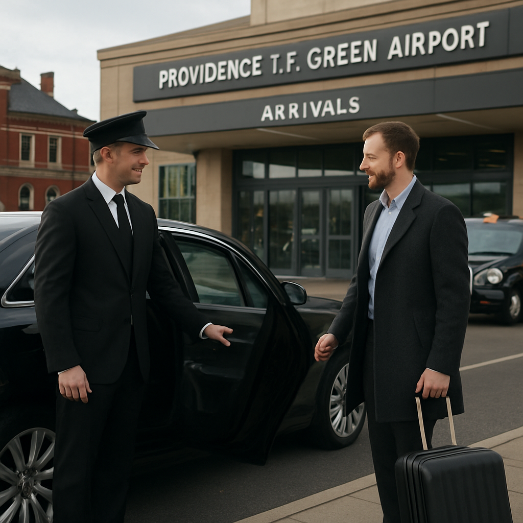 A modern, clean black sedan parked at Providence T.F. Green Airport arrivals area, with a professional chauffeur opening the door for a traveler holding a suitcase. Alt: Providence airport car service, comfortable airport transfer, chauffeur greeting.