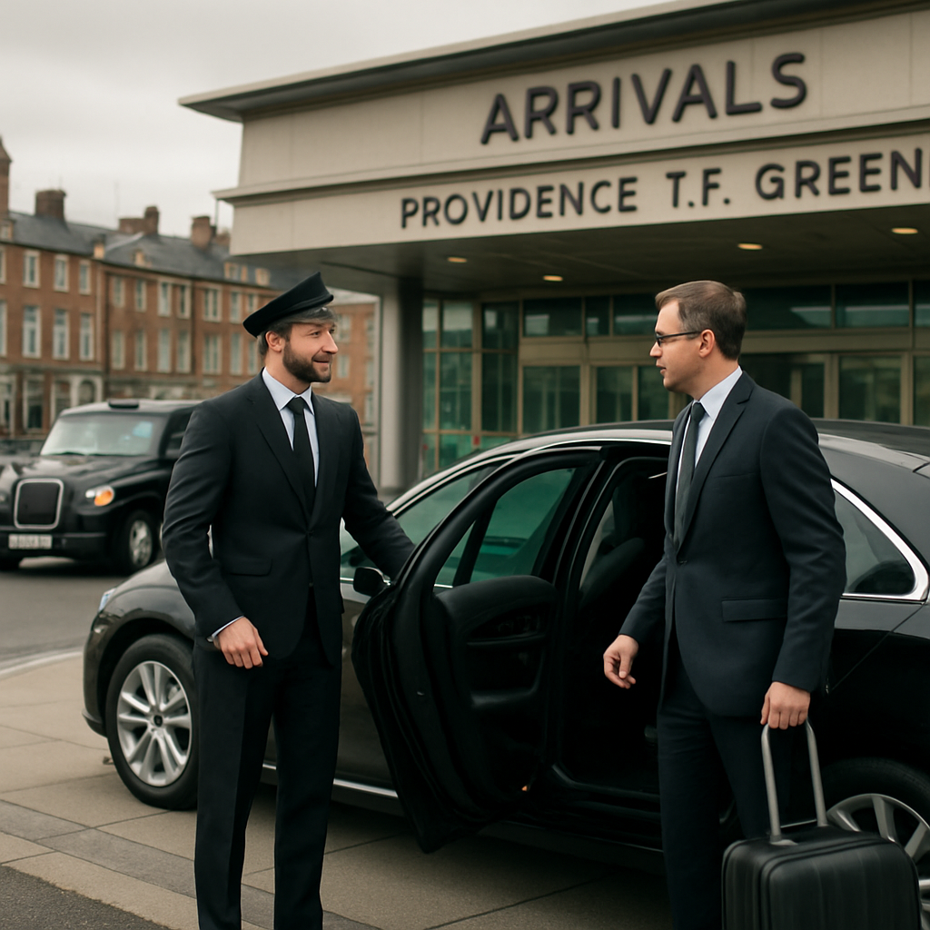 A professional chauffeur in a black sedan opening the door for a business traveler at Providence T.F. Green Airport arrivals hall. Alt: Providence airport car service premium chauffeur greeting passenger with luggage.