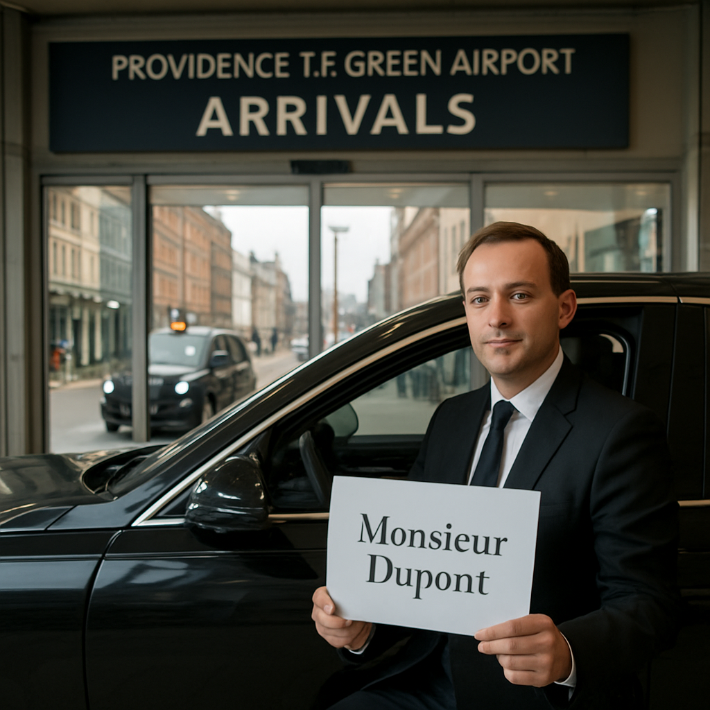 A professional chauffeur in a sleek black sedan waiting inside Providence T.F. Green Airport arrivals hall, holding a sign with a traveler’s name. Alt: Providence airport car service meet-and-greet with driver greeting passenger in French.