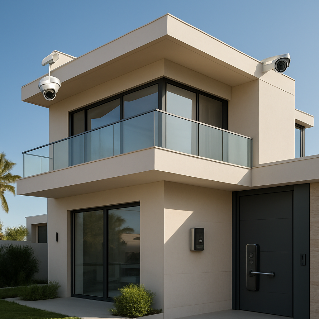 A modern Dubai villa exterior with multiple cameras and a smart lock system visible on a balcony. Alt: Smart home security Dubai