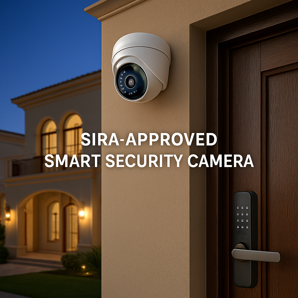 A luxurious Dubai villa exterior showcasing a discreetly mounted SIRA‑approved CCTV camera with a subtle white housing, night‑vision glow, and a nearby smart door lock. Alt: SIRA‑approved smart security camera on Dubai villa