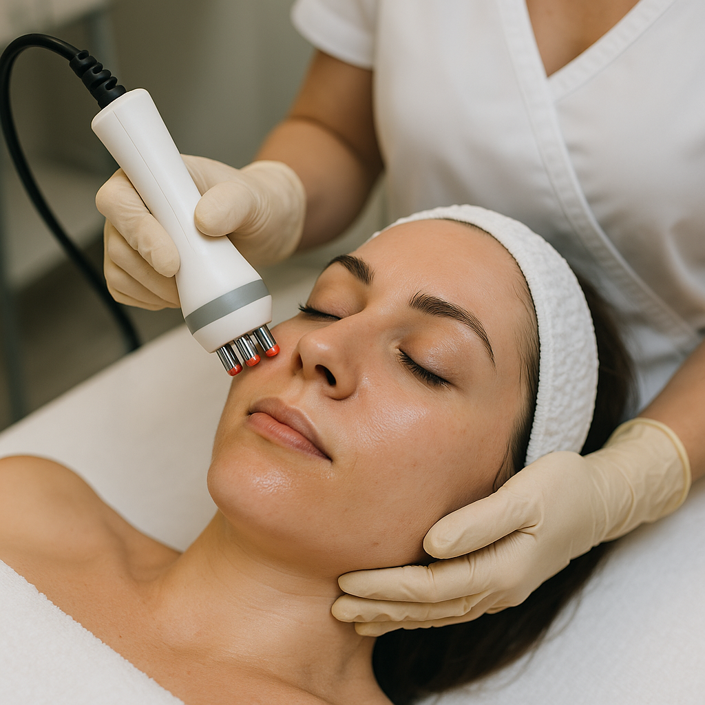 A close-up of a woman receiving radiofrequency skin tightening treatment at a Barrie clinic. Alt: Skin tightening Barrie treatment with radiofrequency for facial rejuvenation.