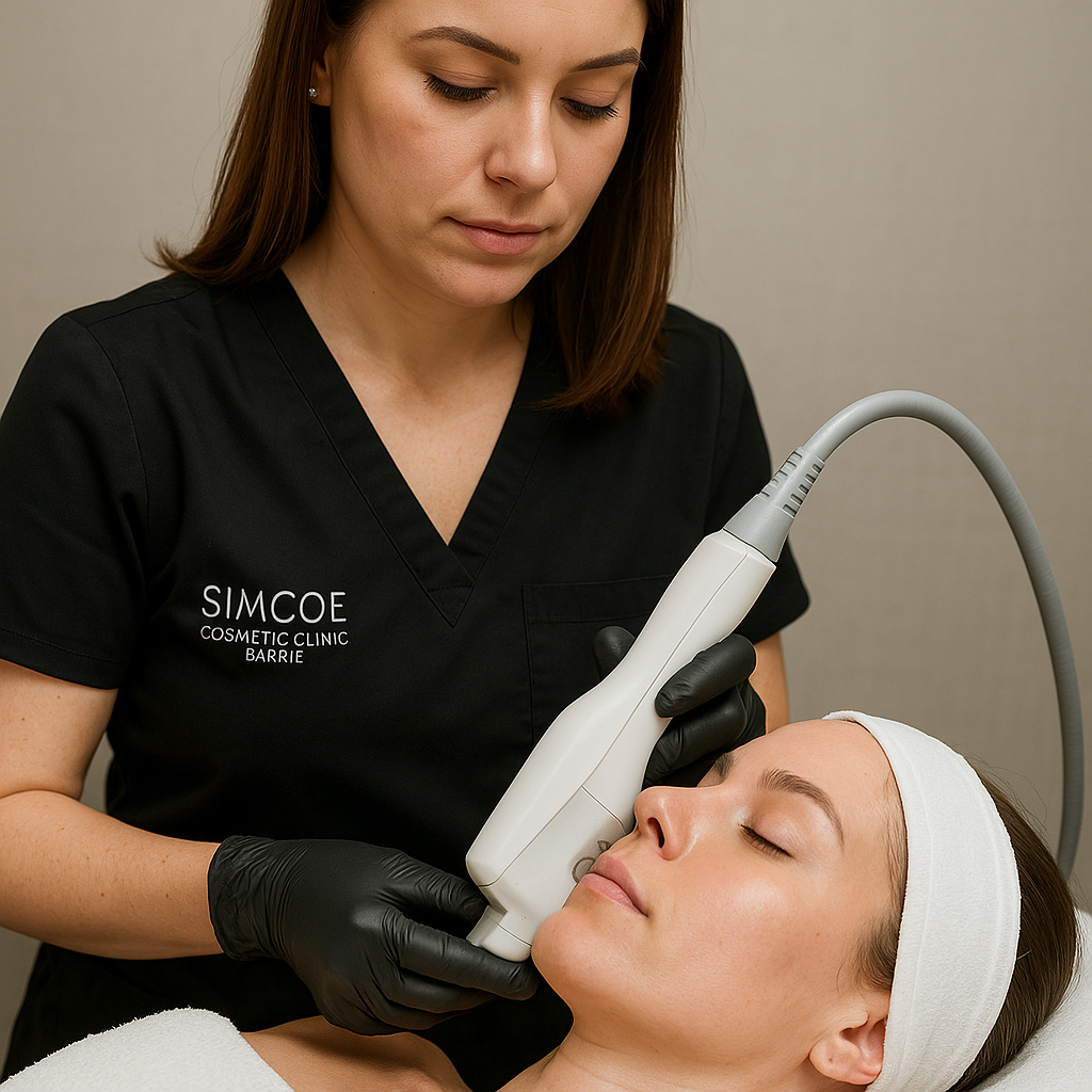 A professional applying a specialized skin tightening device on a patient’s jawline at Simcoe Cosmetic Clinic Barrie. Alt: Skin tightening Barrie non-invasive facial rejuvenation treatment in medical spa.