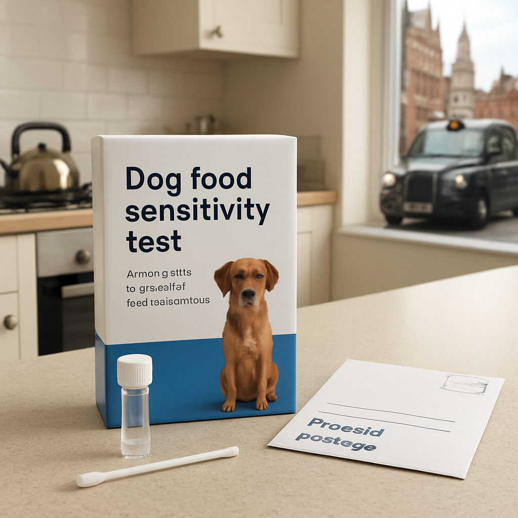 A small, user‑friendly dog food sensitivity test kit with a swab, sample vial, and prepaid postage envelope placed on a kitchen counter. Alt: Dog food sensitivity test UK kit layout.