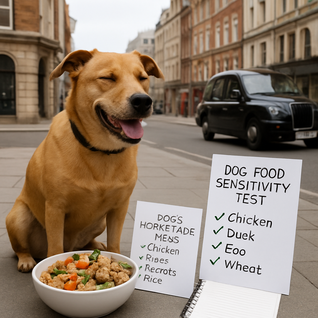 A dog happily eating a balanced home‑made meal, with a labelled list of ingredients and a diary beside it. Alt: dog food sensitivity test uk diet adjustment