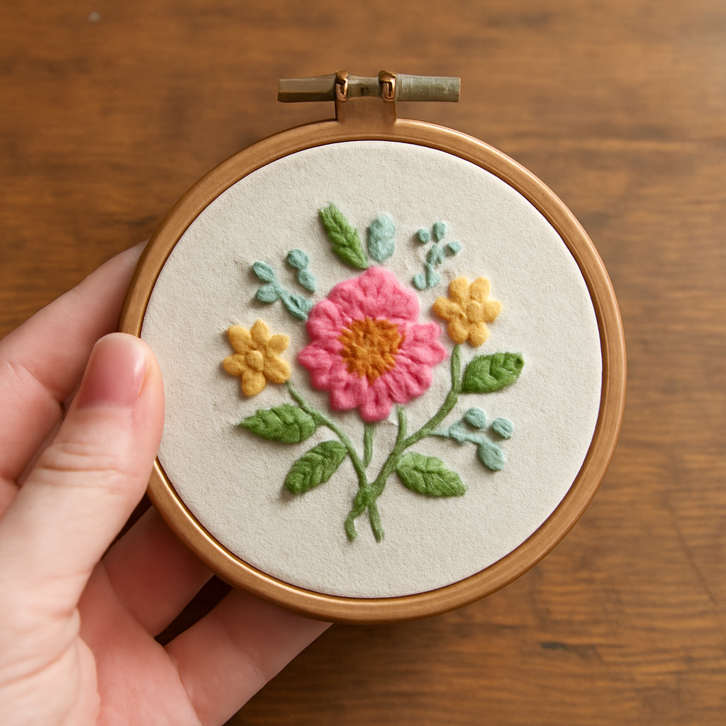A hand holding a small embroidery hoop with a finished floral design, placed on a wooden craft table. Alt: Embroidery hoop with finished design