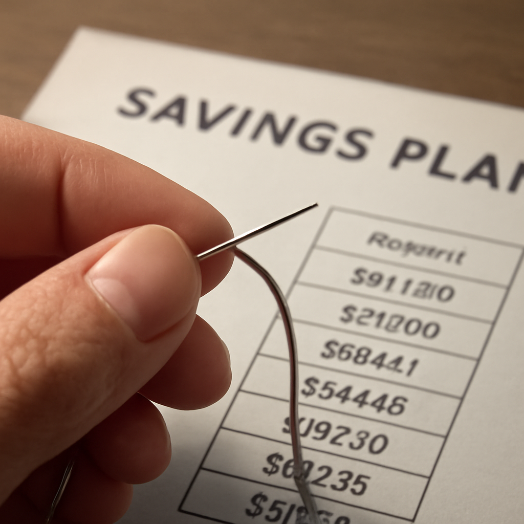 A close‑up of a hand holding a needle and thread with a budget sheet in the background. Alt: Needle, thread, and savings plan.