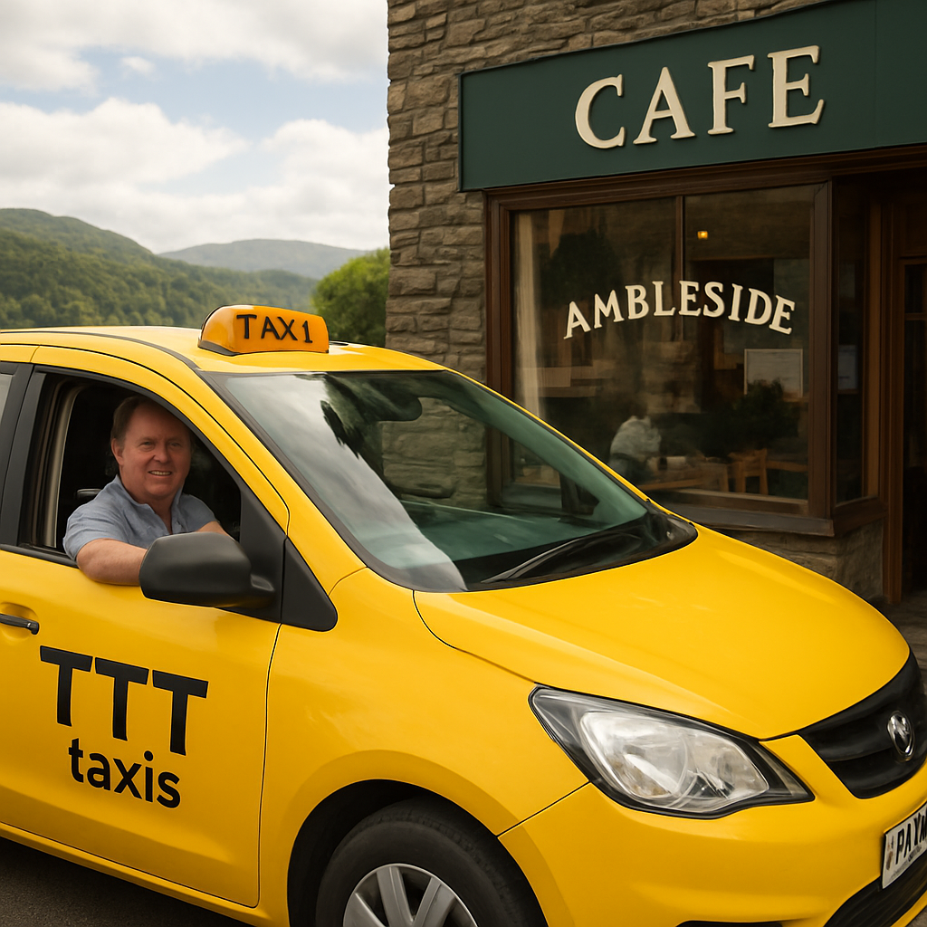 A friendly taxi driver in a bright TTTaxis vehicle pulling up outside a cozy Ambleside café, with the lake and hills in the background. Alt: Ambleside taxis local driver offering scenic rides