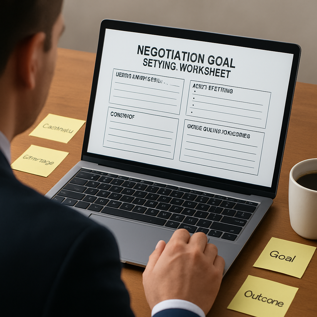 A professional negotiator reviewing a goal worksheet on a laptop, surrounded by post‑it notes and a coffee mug. Alt: Negotiation goal setting worksheet.