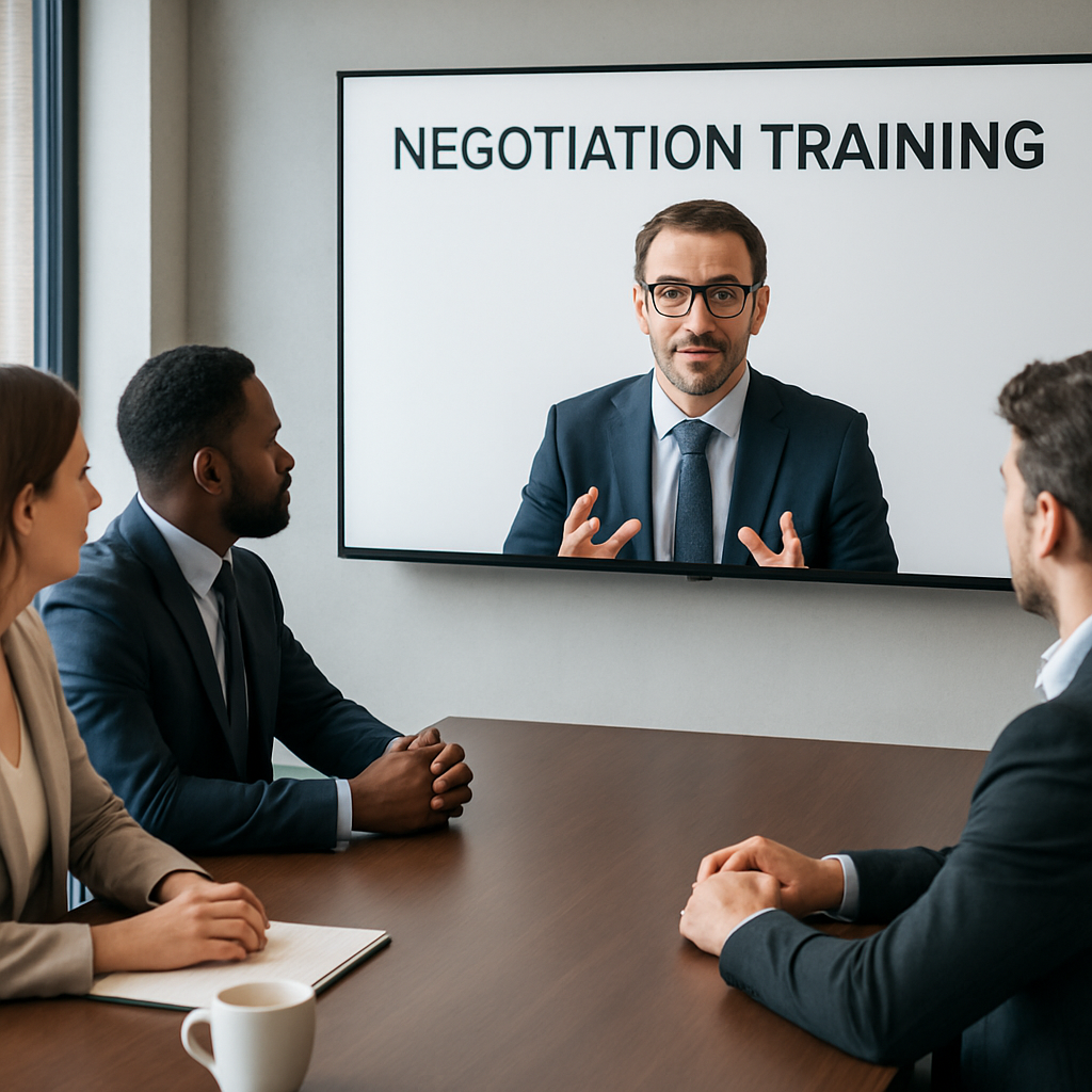 A group of professionals in a modern conference room, attentively listening to a virtual negotiation coach on a screen, with a coffee mug and a notebook beside them. Alt: professionals watching online negotiation training