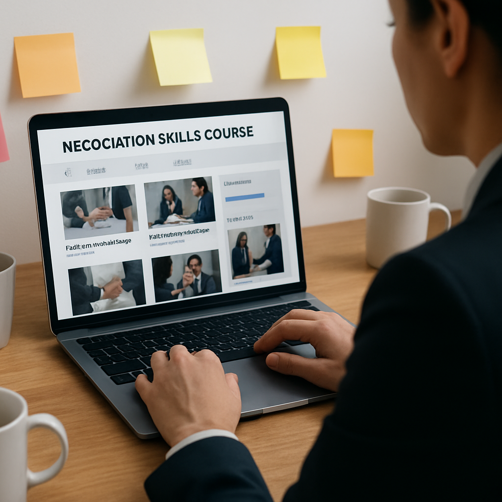 A professional sitting at a laptop, scrolling through a negotiation skills course dashboard, surrounded by coffee mugs and sticky notes. Alt: Negotiation skills course online dashboard on laptop screen