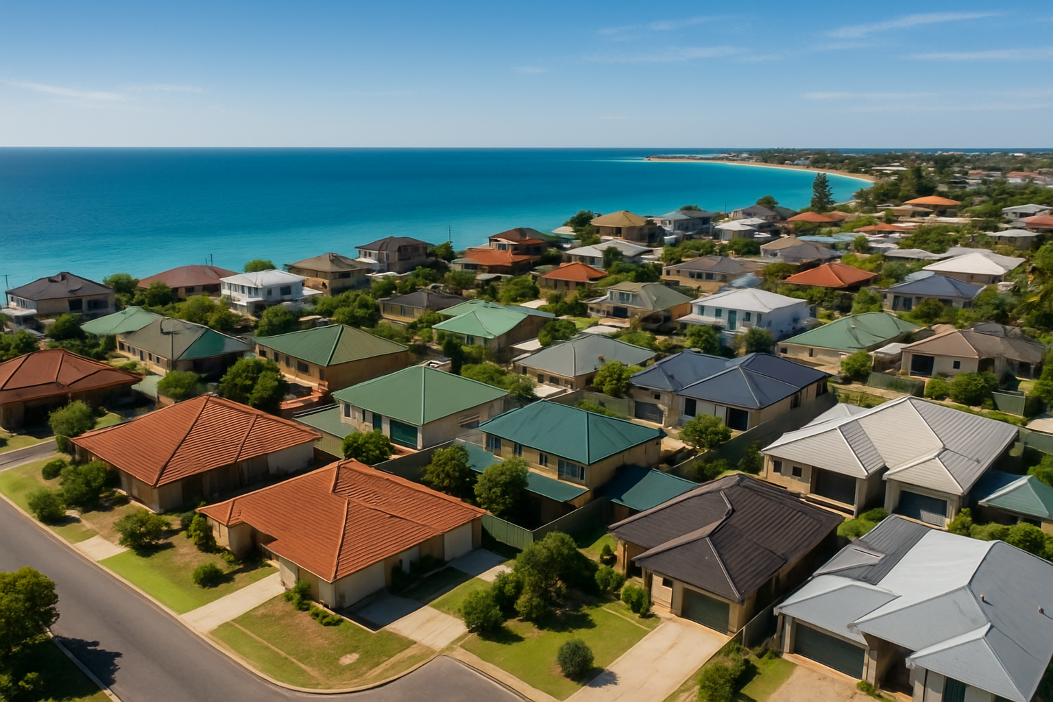 View over Rockingham coastal residential area showcasing diverse housing. Alt: Rockingham coastal properties for mortgage broker Rockingham article.