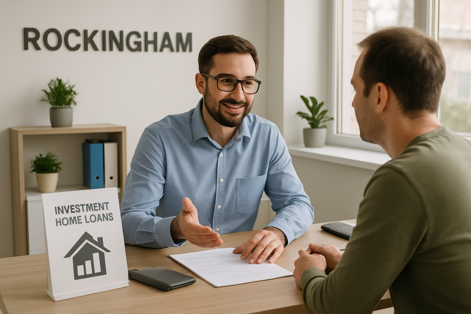Financial adviser discusses investment loan options with client in Rockingham office. Alt: Mortgage broker Rockingham offering guidance on investment home loans.