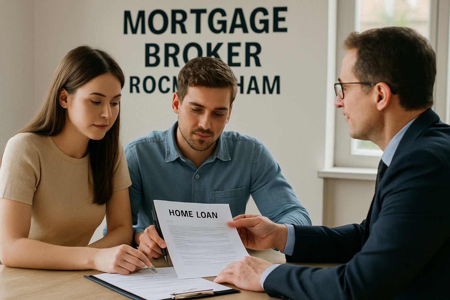 A young couple meeting with a mortgage broker Rockingham, reviewing home loan documents. Alt: First home buyers consulting mortgage broker Rockingham for application guidance.
