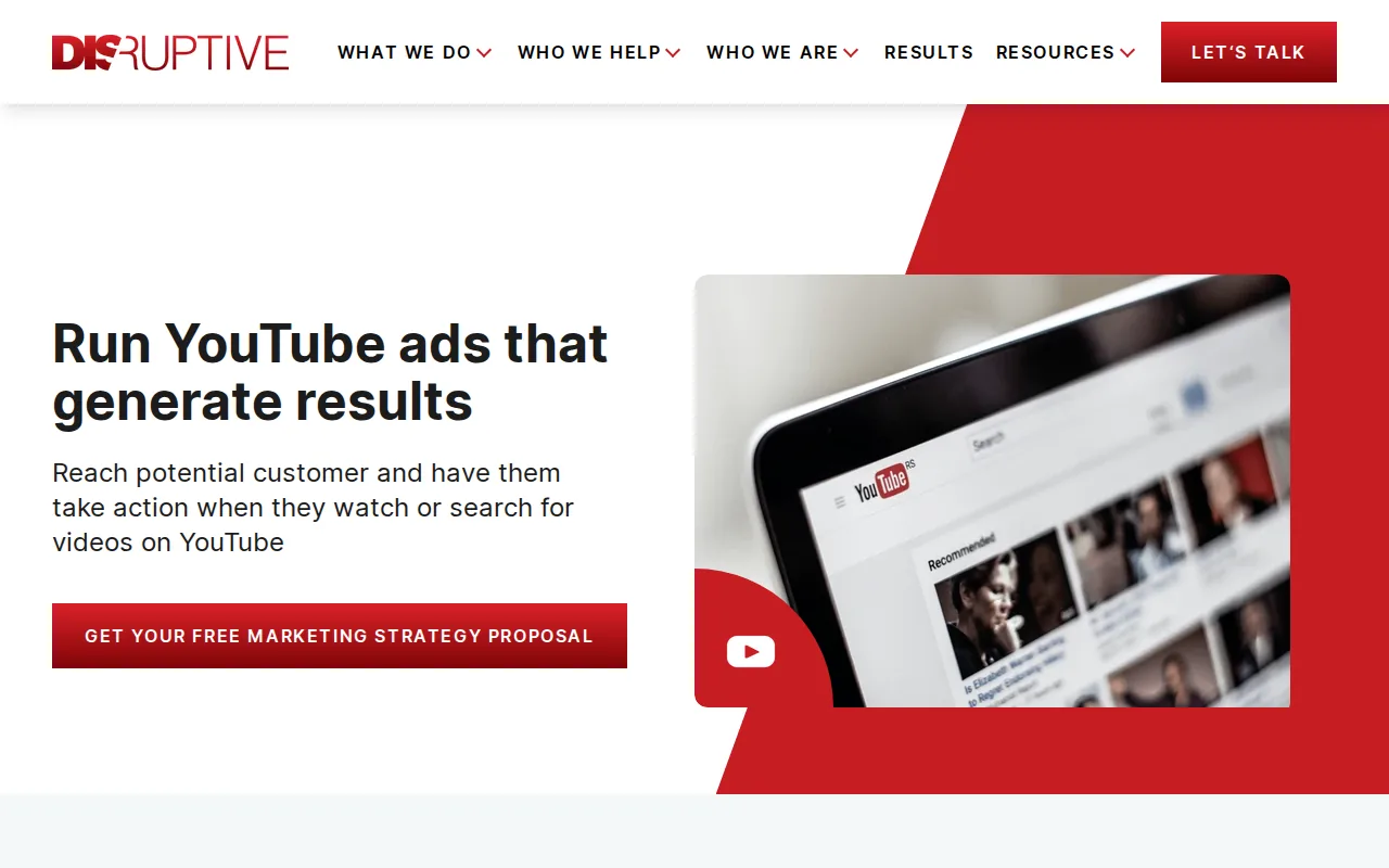 Best YouTube Advertising Agency Options 10 Screenshot of the Disruptive Advertising website
