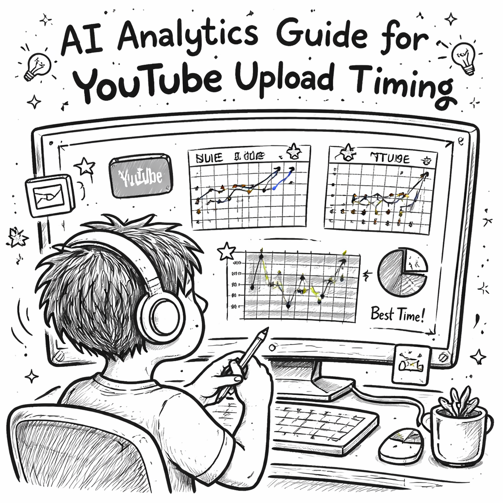 Doodle style sketch of a creator looking at a screen full of charts and a calendar, alt: AI analytics guide for YouTube upload timing