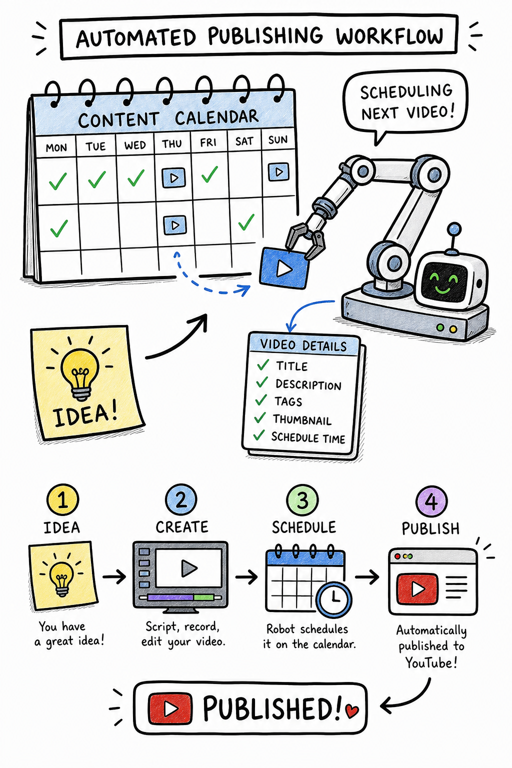 A doodle-style illustration of a calendar with checkmarks and a robot arm scheduling videos, with arrows showing steps from idea to published. Alt: Automated publishing workflow from calendar to YouTube.