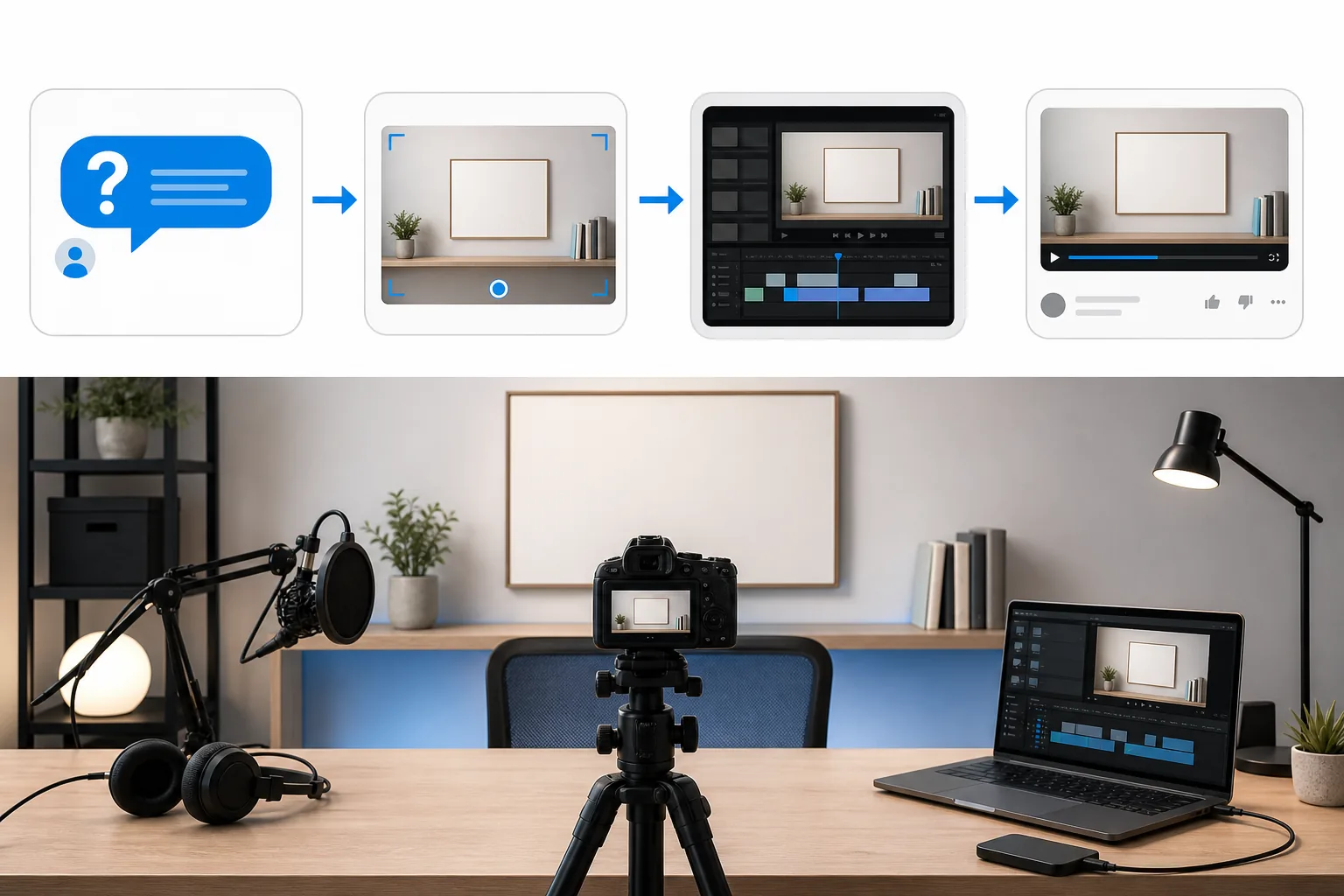 First-video workflow from viewer question through recording and publishing.