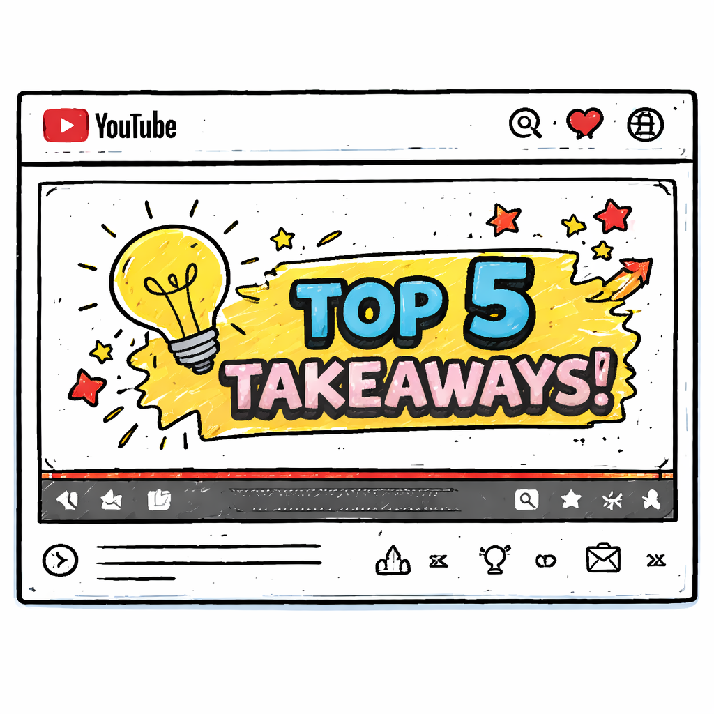 A doodle illustration of a YouTube video frame with a bright recap graphic overlay, showing a simple icon and tagline that matches a hook, bright accent colour, lower‑third placement. Alt: YouTube hook examples for retention recap graphic.