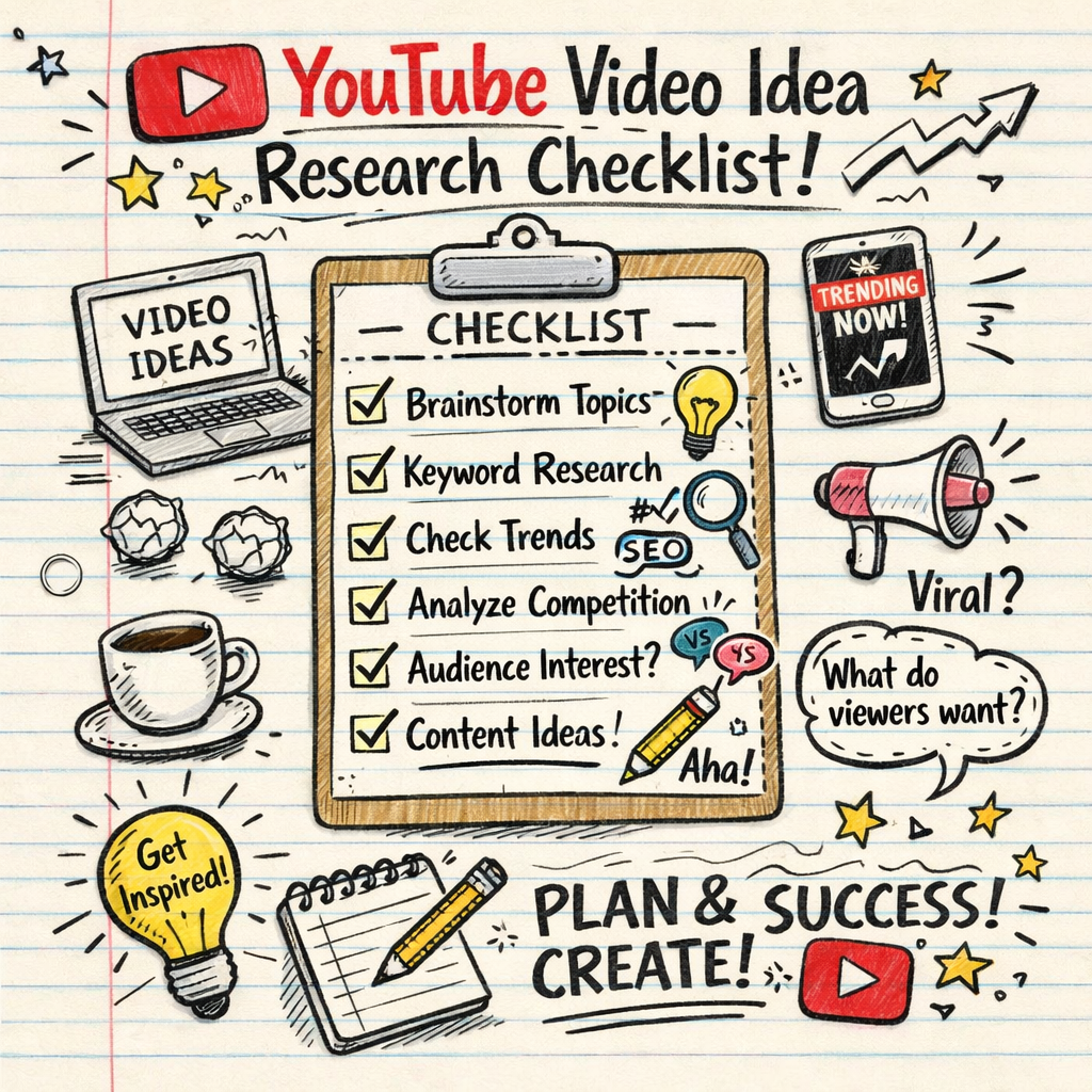 A photorealistic image related to youtube-video-idea-research-checklist. Alt: youtube-video-idea-research-checklist
