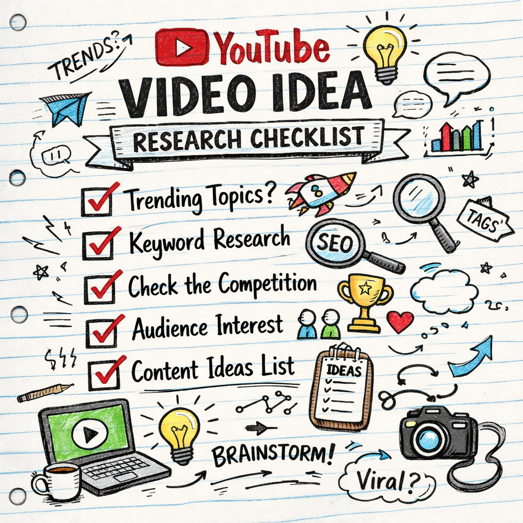 A photorealistic image related to youtube-video-idea-research-checklist. Alt: youtube-video-idea-research-checklist