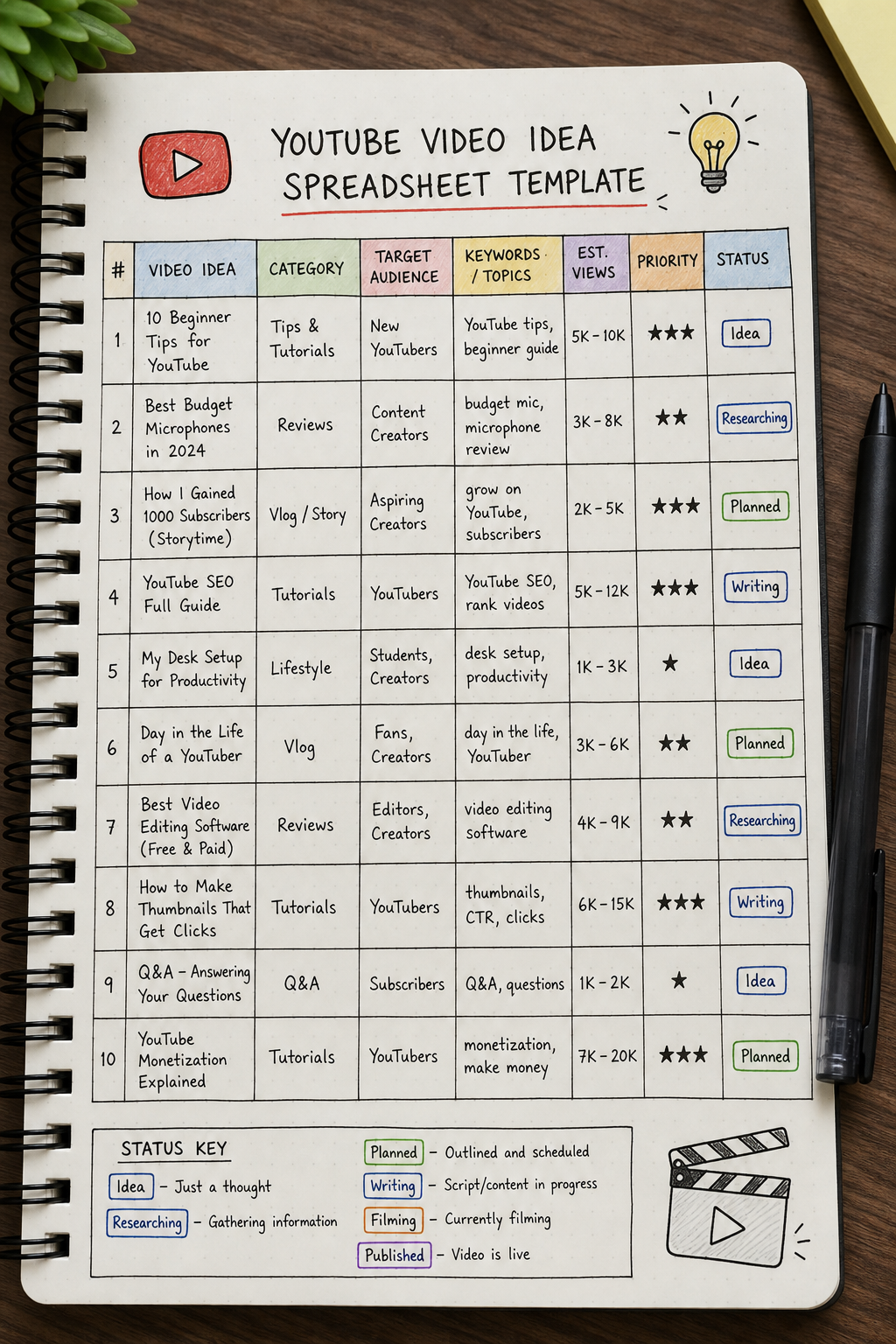 A photorealistic image related to youtube-video-idea-spreadsheet-template. Alt: youtube-video-idea-spreadsheet-template