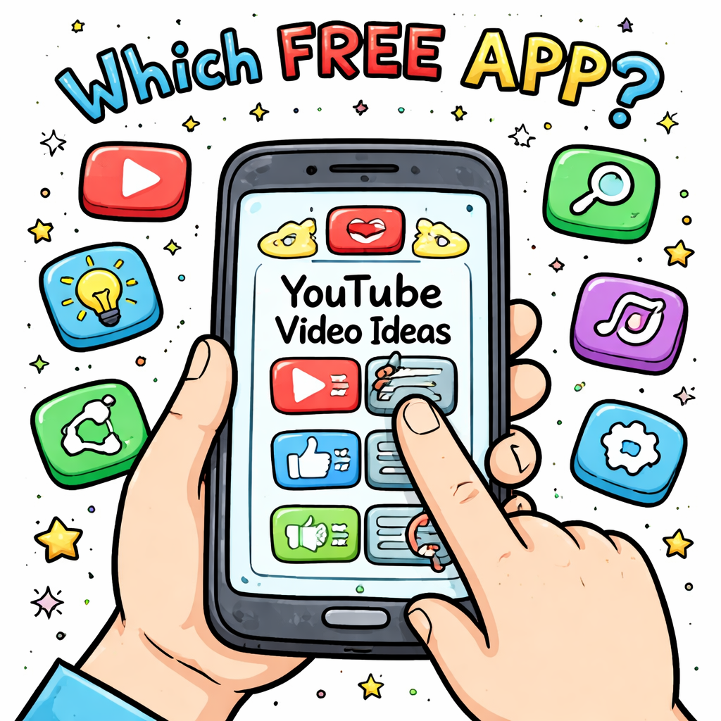 A doodle style illustration of a hand holding a phone with app icons floating, highlighting the choice of a free YouTube video ideas app. Alt: choosing free YouTube video ideas app free comparison