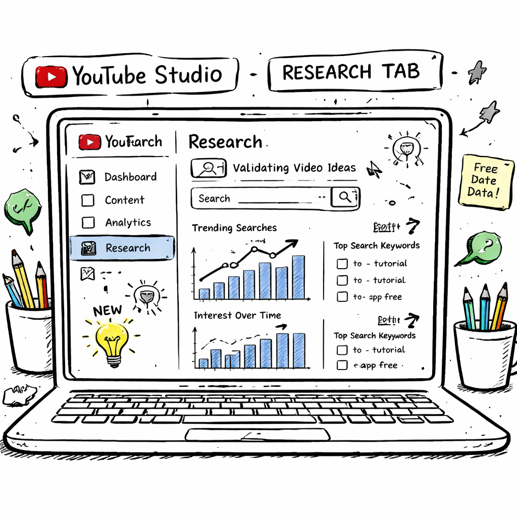 A doodle style sketch of a laptop screen showing YouTube Studio’s Research Tab with charts and notes. Alt: validating free YouTube video ideas app free data