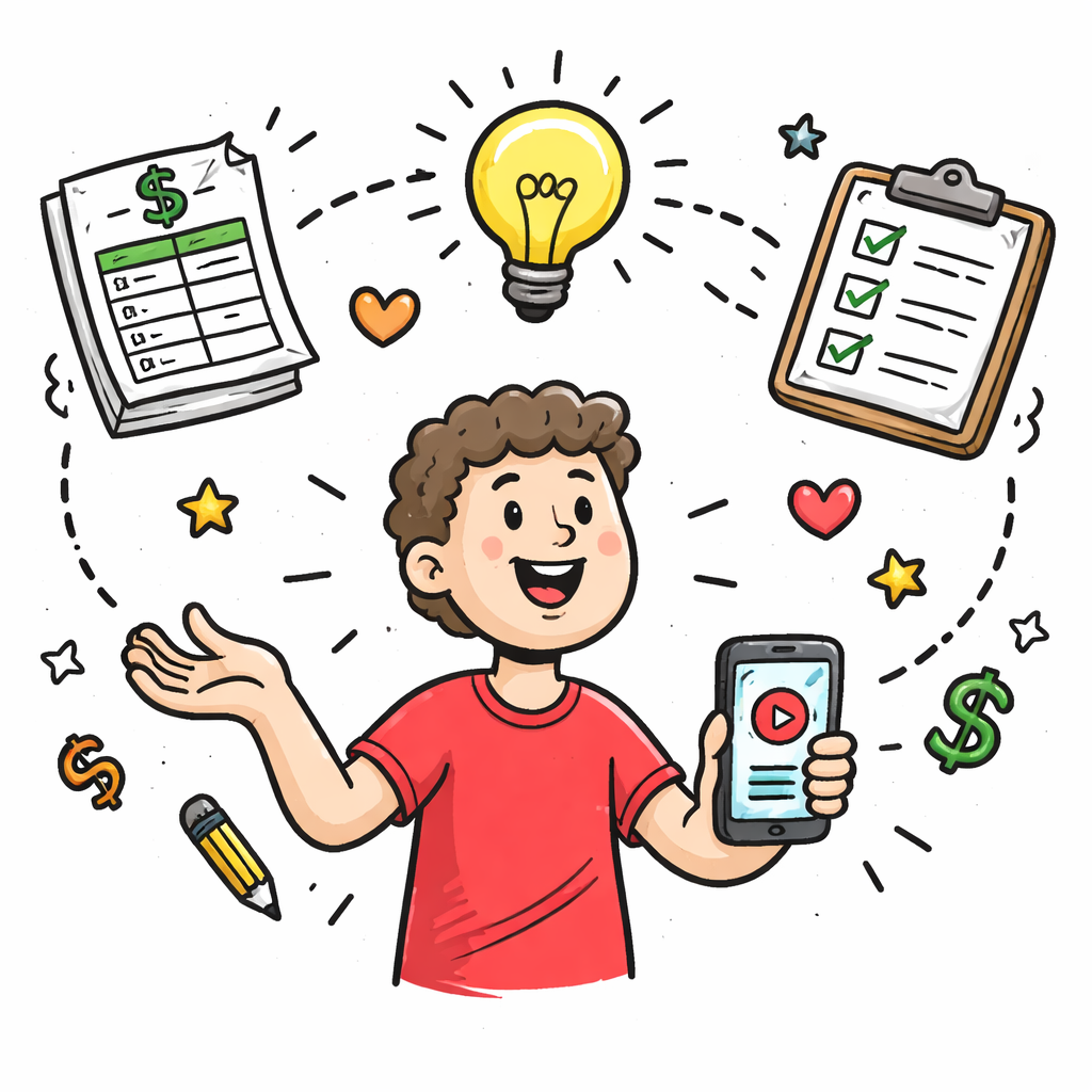 A doodle style illustration of a creator juggling a budget spreadsheet, a light‑bulb idea icon, and a checklist. Alt: budgeting and feature planning for youtube video ideas app pricing