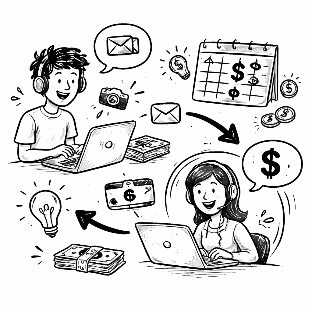 A doodle style sketch of a creator emailing a SaaS sales rep, with dollar signs and a calendar. Alt: negotiating discounts for youtube video ideas app pricing