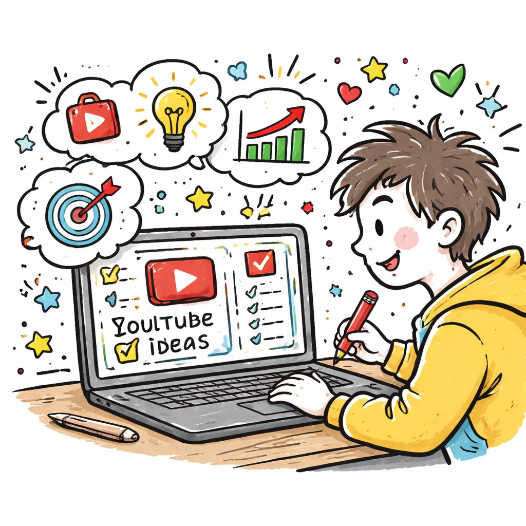A doodle‑style illustration of a creator looking at a laptop screen filled with idea bubbles, charts, and a lightbulb, alt=