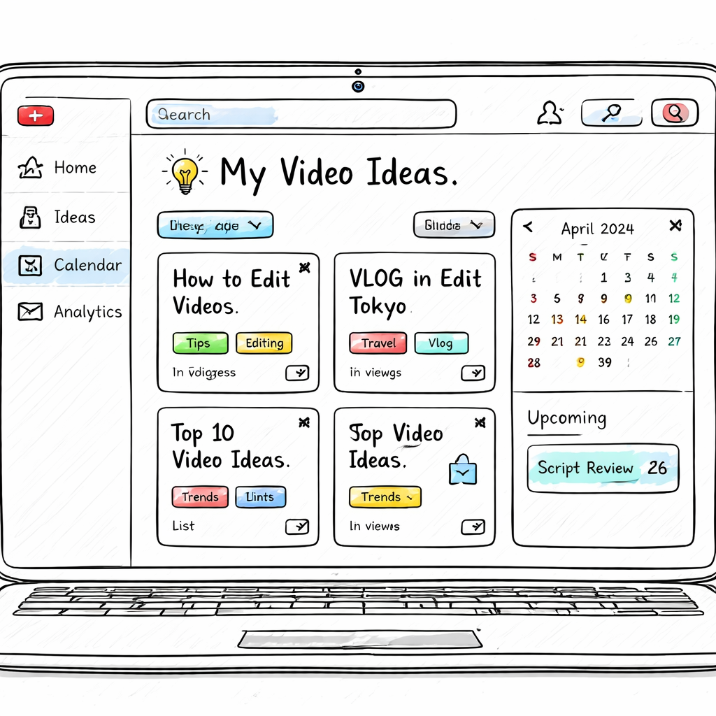 A doodle‑style sketch of a laptop screen showing the app’s dashboard with idea cards, tags, and a calendar, alt=