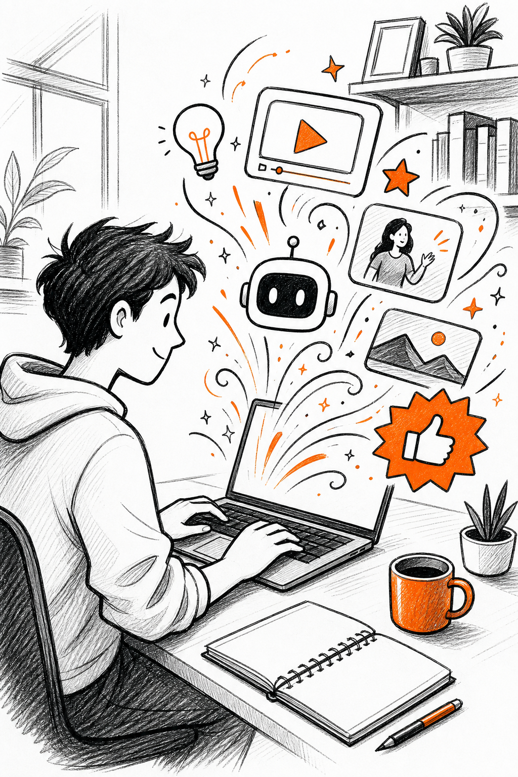 A doodle-style illustration of a creator using a laptop with AI sparkles and a