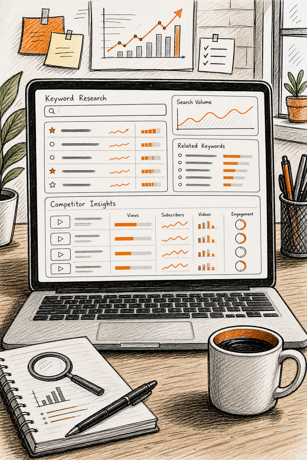 Doodle-style dashboard of TubeBuddy showing keyword research and competitor insights panels. Alt: TubeBuddy YouTube competitor analysis tool.