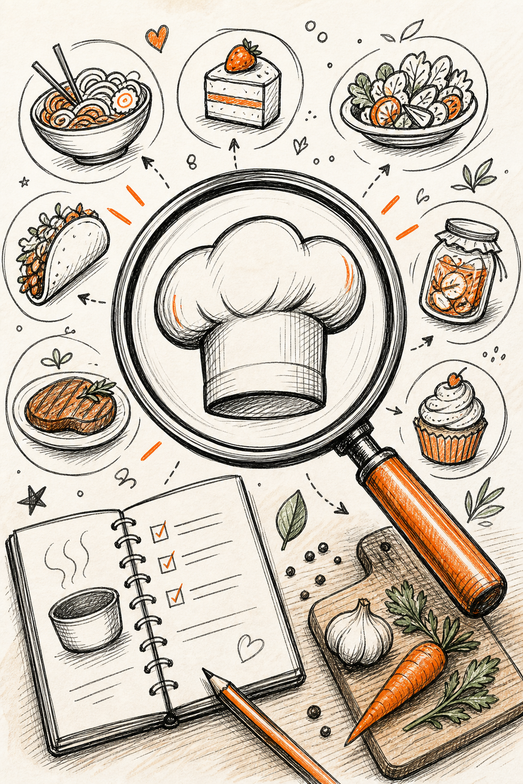 A doodle-style illustration of a chef's hat with a magnifying glass over it, symbolizing zooming into a specific cooking niche. Alt: Zooming into a cooking niche for video ideas.