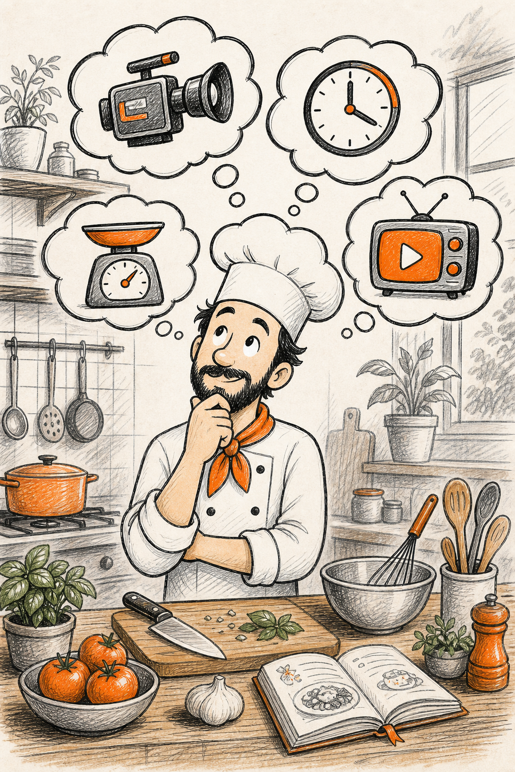 A doodle-style illustration showing a chef with multiple thought bubbles containing different video format icons: a camera, a clock, a scale, and a TV screen. Alt: Brainstorming video formats for a cooking channel.
