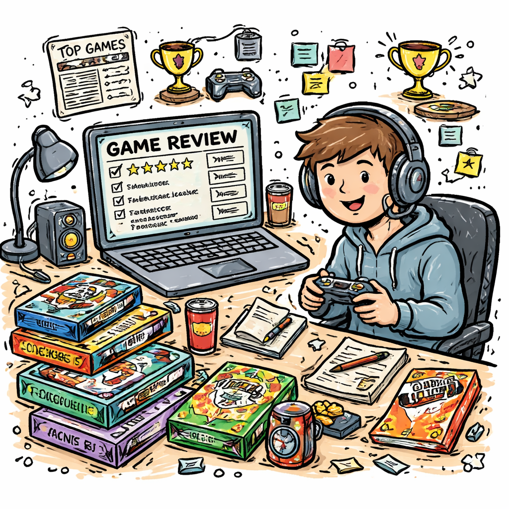 A doodle style illustration of a gamer sitting at a desk, surrounded by game boxes and a laptop screen showing a review checklist. Alt: detailed game review setup doodle