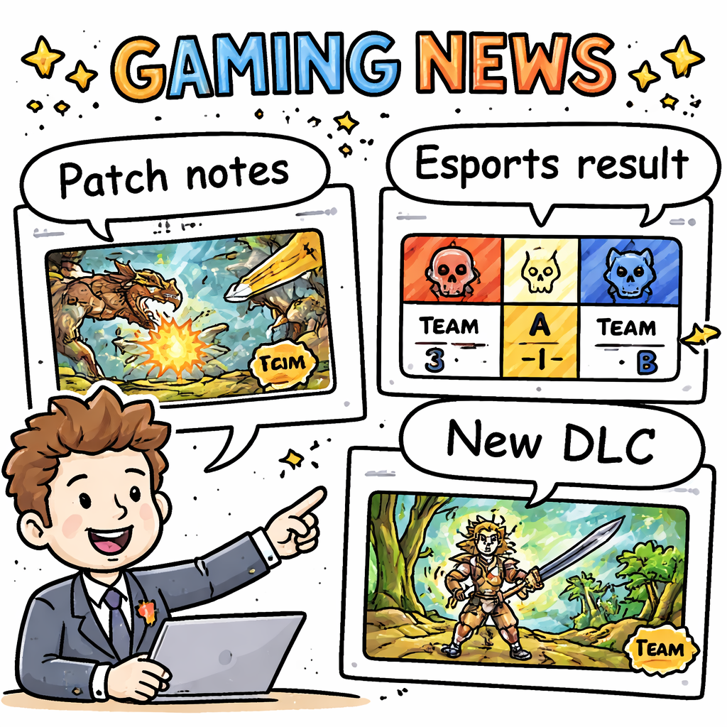 A doodle style comic strip showing a news anchor avatar pointing at game screenshots, with speech bubbles that read “Patch notes”, “Esports result”, and “New DLC”. Alt: gaming news visual highlights doodle