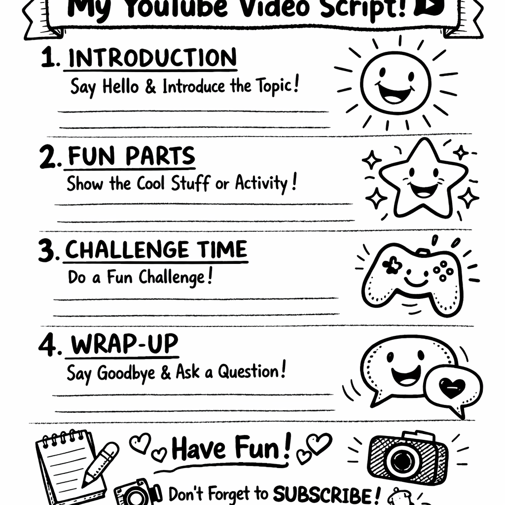Doodle style illustration of a child-friendly script sheet with numbered steps and smiling icons. Alt: script writing for youtube video ideas for kids