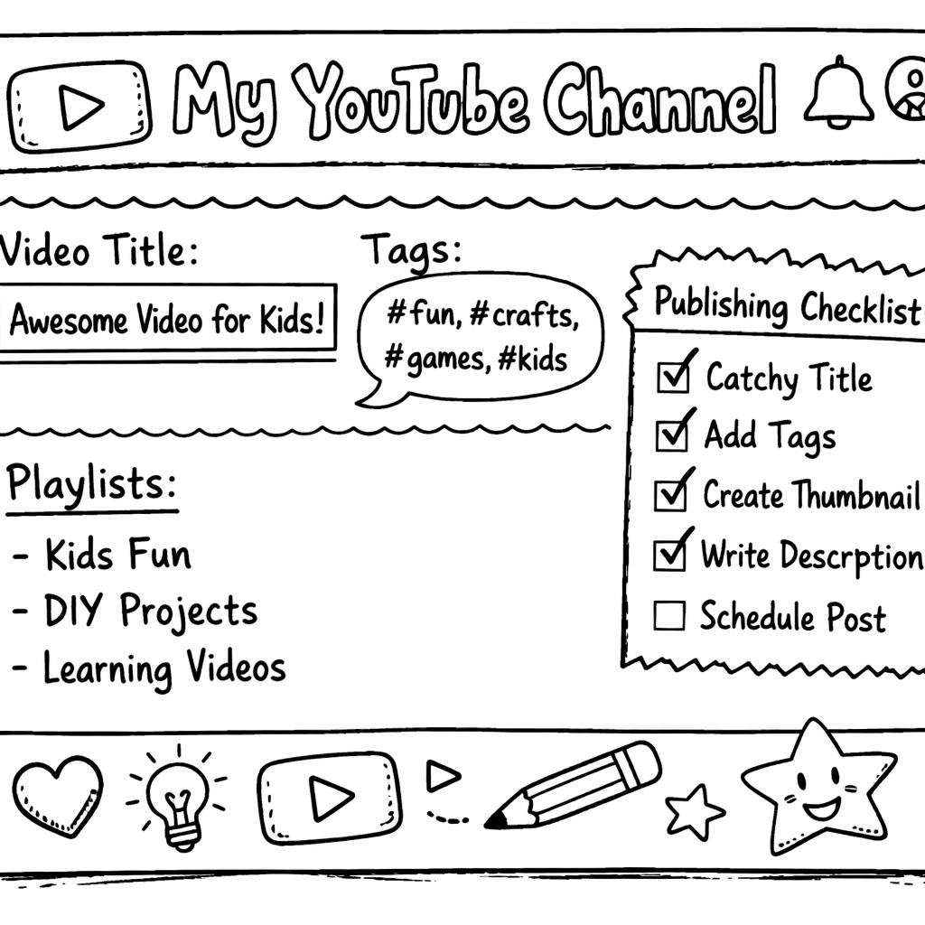 Doodle style picture of a YouTube channel dashboard showing title, tags, and playlist sections. Alt: publishing checklist for youtube video ideas for kids