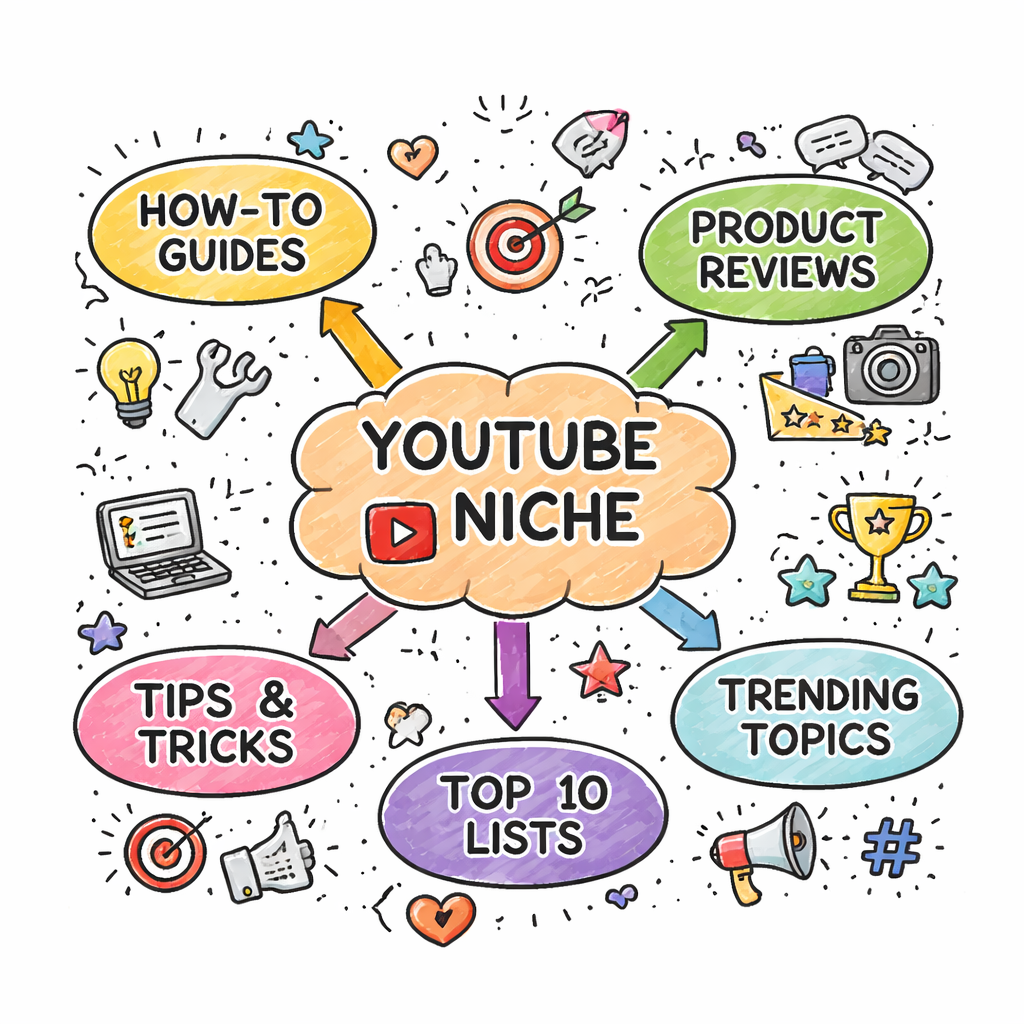 A doodle style illustration of a mind‑map with content pillars branching out from a central niche idea. Alt: content pillars brainstorming visual for YouTube niche channels