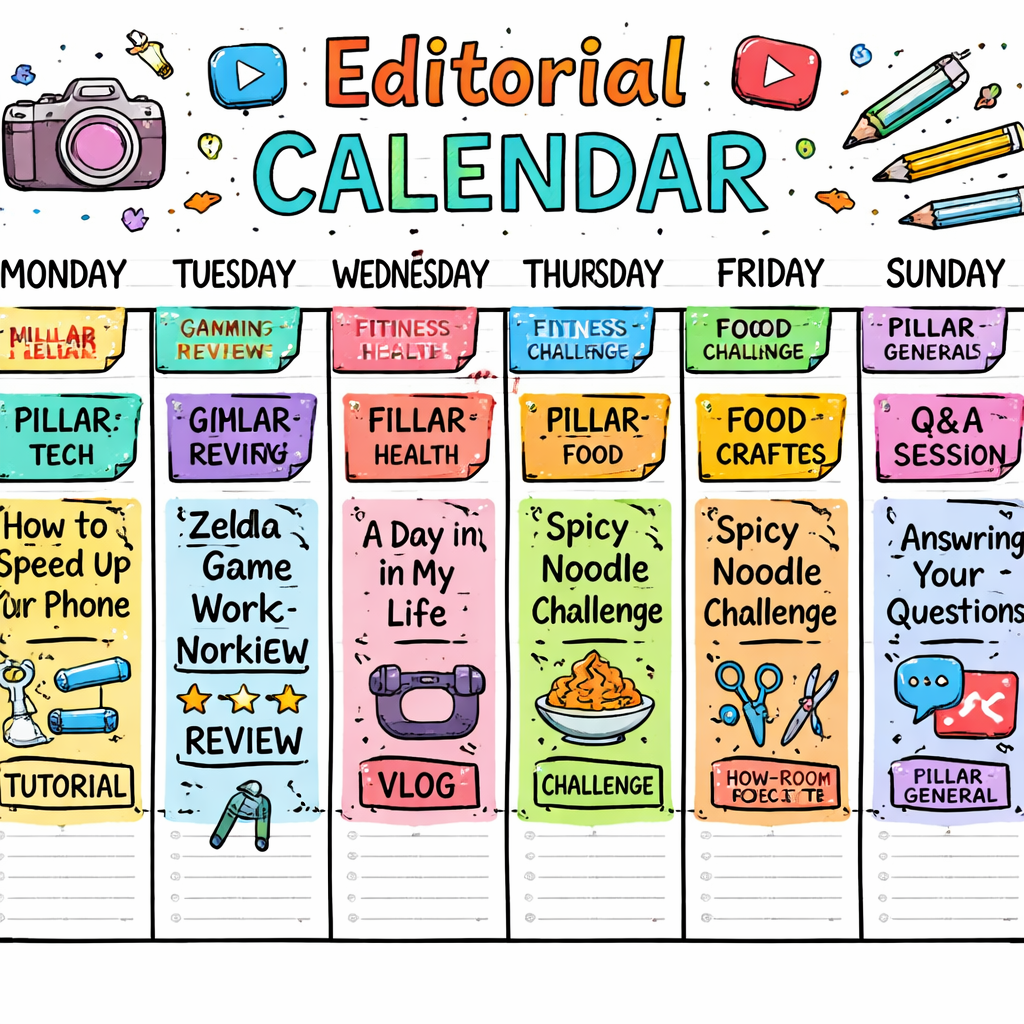 A doodle style calendar showing a week of video slots with titles, pillars, and formats highlighted. Alt: editorial calendar template for YouTube niche channels