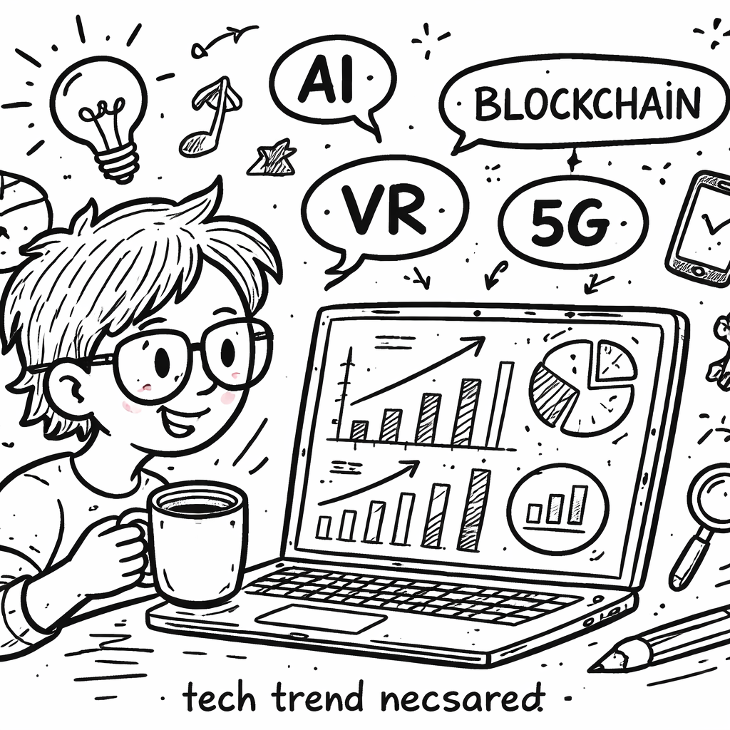 A doodle‑style sketch of a creator looking at a laptop screen filled with trending tech graphs and keyword bubbles, alt=