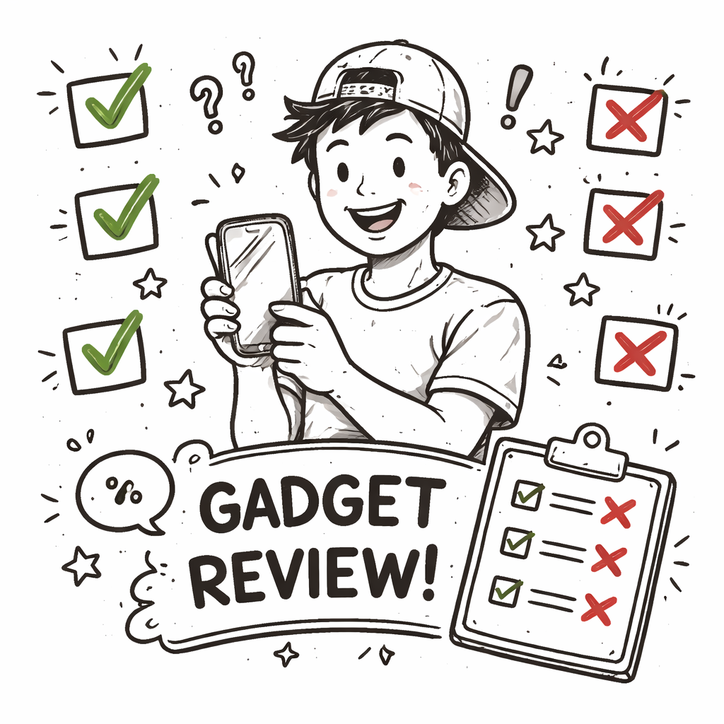 A doodle‑style sketch of a creator holding a new gadget, with checkmarks and X marks around it, alt=