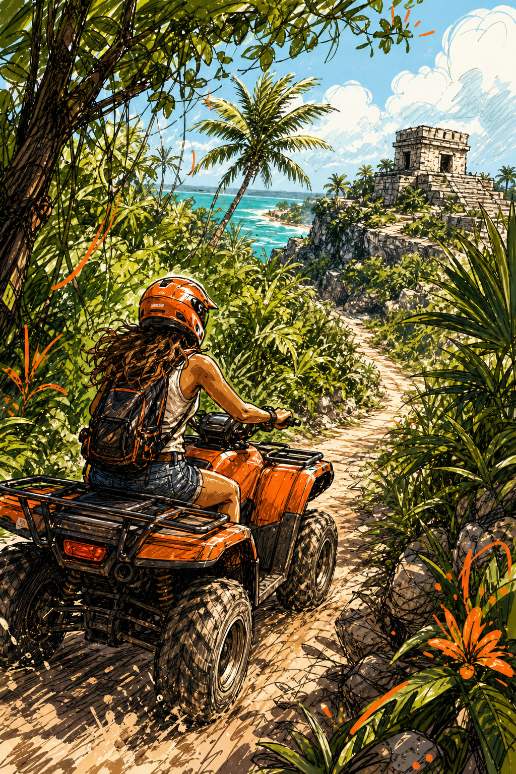A vibrant doodle of a traveler on an ATV riding through jungle trails in Tulum, with sunlit trees and a winding path. Alt: travel adventure ATV Tulum guide